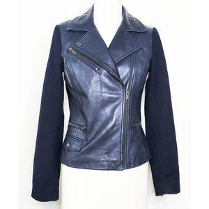 Banana Republic Womens Navy Blue Leather Moto Biker Jacket with Wool Sleeves S